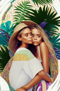 ((Mary-Kate and Ashley Olsen a warm hug)),Nestled against the backdrop of swaying palms and colorful tropical flora, the woman embodies an idyllic vision of seaside repose. Seashells and small pebbles create a delicate mosaic at the base of her lounger, mirroring the natural beauty surrounding her. A subtle fragrance of salt and coconut oil lingers in the air, enhancing the sensory tapestry of the scene.