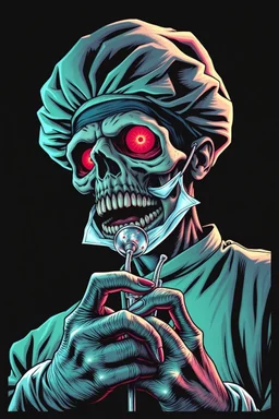 Science experiment Horror zombie surgeon by Richard Corben, Todd Schorr, T-Shirt Design, Black Background