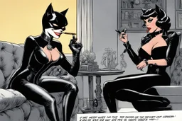 [art by Joe Kubert] Madame Viper and Catwoman in the living room, Madame Viper smokes a cigar and it's inconvenient for Catwoman, Catwoman coughs