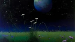 A purplish black cosmos with shooting stars planets painted by Birge Harrison