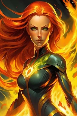 draw me a photo of a superhero called jean grey and she has phoenix force