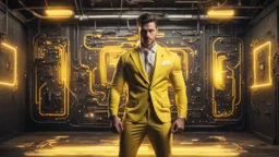 Hyper Realistic handsome muscular Electric-Superhero wearing fancy yellow tuxedo in a dark-rustic-circuit-room with electric-sparks & a massive circuit-board-wall