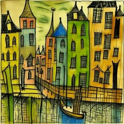 Dutch street and canal ink transfer in the style of Paul klee the twittering machine