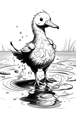 Seagull lands in a puddle so it splashes. One stands next to the puddle and gets water on his head. Cartoon style in black and white, pencil sketch.