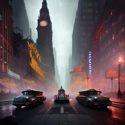 Gotham Metropolis,European Neogothic imperial city, uphill Road, 1900s photograph, 8K resolution, #film, diffuse light,German noir,matte painting,chaos city, traffic,BioShock