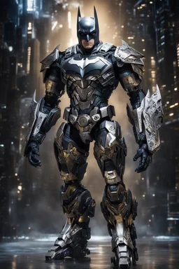 Fullbody photography front view of a Batman mech in transformative style, his metallic skin gleaming with intricate textures and intricate details, captured in an ultra-realistic style that blurs the lines between reality and imagination, cosmic background