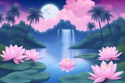 paesaggio tropicale lago con cascata alberi rosa e fiori di loto e palme cielo stellato