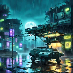 cyberpunk machine gun turret, outside, rain, moonlight
