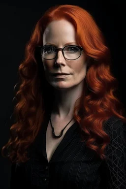 simone simons, curly, redhead, glasses on, beauty dress