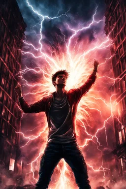 Young man standing, with arms raised with lightening coming from them, in front of an exploding building at night, with red auras around him