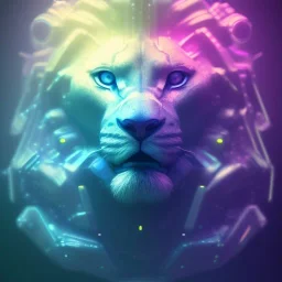 A beautiful portrait of a cyborg lion blue neon color scheme, high key lighting, volumetric light high details psychedelic background