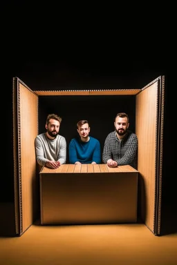 Three persons inside a box