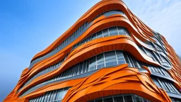 A building featuring a design of steel ribbons on an orange facade, set against a gray sky. The ribbons are arranged in waves, creating a dynamic and fluid appearance. The orange facade can be seen between the ribbons, creating a chromatic contrast that accentuates the building's unique design. The view is taken from a low angle, which emphasizes the height and scale of the building.