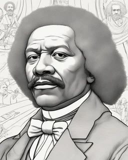 coloring page for teens, simple outlines art, cartoon style, outline drawing, bold outlines, clean and clear outlines, no tones color, no color, no detailed art, art full view, wide angle, white background, FREDERICK DOUGLASS, African-American abolitionist.