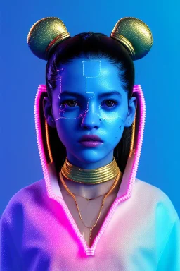 Ultra Realistic image, Rosalía artist, waist up portrait, black eye line, sweet angry face, geisha hair style, spray line make up, geometric, gold, big rings piercing, led ornament, bubble latex coat, cold, led lights, pop style, pink, blue, gold, vibrant color, highly detailed, art stations, concept art, smooth, unreal engine 5, god rays, ray tracing, RTX, lumen lighting, ultra detail, volumetric lighting, 3d, finely drawn, high definition, high resolution.