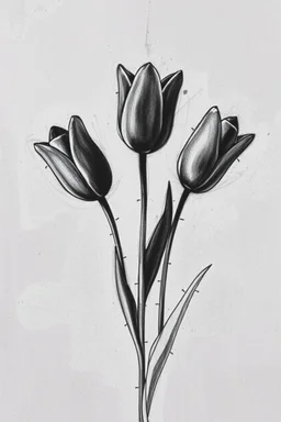 Minimalist rough abstract dusty Charcoal drawing of 3 tulips on a textured gesso background.
