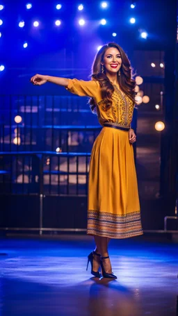 full body of very beautiful lady wearing long skirt and bluse ,standing idle happy pose in studio pretty makeup