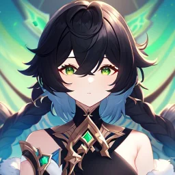 portrait of Venti from genshin ((Venti)) ((Venti ingame outfit)) short black hair with a green tint at the bottom fluffy hair with two braid infront of shoulders bard green eyes