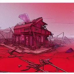  line Art coloured, destroyed, post apocalyptic, darkred tones,