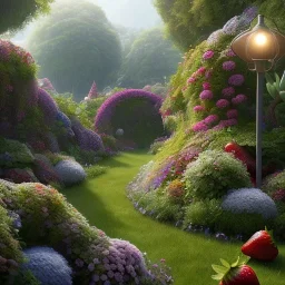 pixar style, volumetric summer garden environment and background, volumetric lighting, dramatic lighting, realistic painting of an strawberry, looking excited, detailed digital painting, extreme dense and fine fur, anime, ornate, colour-washed colors, elegant, small minutiae, tiny features, particulars, centered, smooth, sharp focus, renderman gofur render, 8k, uhd, detailed eyes, realistic shaded volumetric lighting, sunlight caustics, backlight, centered camera view