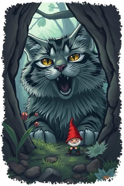 big scary cat seen from the below the ground, a tiny gnome hiding