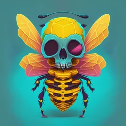 cartoon bee skull with skeleton torso looking right colors bee hive colors psychedelic