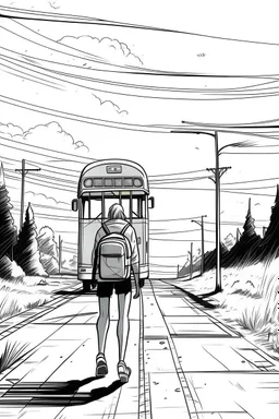 Outline art, no shading, bus full body on the road, cartoon style, black and white, low detail, --ar 9:11