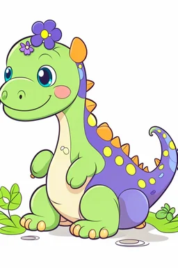 cute dinosaur, disney style, without shadows, outlined correctly, colored with basic colors, with flowers around, no shadows