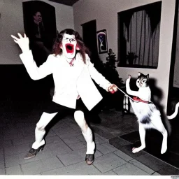 Photo of 1980s party with a vampire scaring a cat