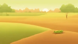 Rice field，Trees，Warm color palette，Animation，A lovely grasshopper