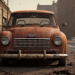 an Audi rust 2-door overgrown by with dust ,ultra realistic,concept, 4k ,on street,8k resolution, high-quality, fine-detail, parked in crowded city winter