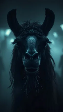 ,surrealism of the dark of a nightmare , hyper photorealistic, hyper detailed beautiful color, high resolution, fog, octane render, tilt shift, HDRI Environment, all pictures dark gray, Lama face