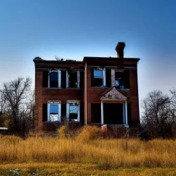 Abandoned house, brick walls, highly detailed, hill in the background, two windows on the front wall