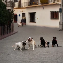 bulldog in spain with other dogs and no people on the street from an overseer point of view