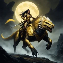 In the dim light of a dying moon, the warrior queen rode her mighty beast through the treacherous terrain of the forgotten lands. Her golden armor, polished by countless battles, gleamed in contrast to the dark, swirling mists that surrounded her. With each step, the ground trembled under the weight of her colossal lizard companion, its scales shimmering like precious gems. The creature's eyes, glowing with a primal intelligence, scanned the horizon for threats. They were close now—close to the