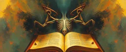 a high definition screen shot of A OPEN ANATOMY BOOK, retrofuturistic, phototrealism, Macabre Rapture End of days Revelation scene, loose brush stroke matte oil painting, sinner apotheosis,diagonal composition, unbalanced, abstract surreal horror, eerie, scary warm colors, Eldritch, JonKnockTurnal 2999 ufo, bilaterally