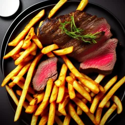 a nice juicy steak with french fries on a black plate