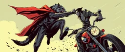werewolf vs vampire cyberpunk action scene, acrobatic dodge, cape, all seen drawn on isometric grid, wolf giving him the biggest punch, power lift grab, riding bikes