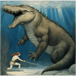 [art by john bauer] underwater picture of a muscular warrior fighting bare hands with a giant crocodile : he grabs the crocodile by the neck.