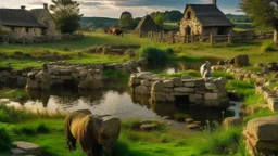 Rustic village adapted to the rocky terrain, green meadows contrasting with battle scars, sacred pond surrounded by megalithic stones, wild horses drinking water among remains of past conflicts, stone houses with thatched roofs next to defensive bastions, dramatic sunset illuminating the historic landscape, rural documentary style