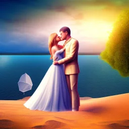 2 lovers last kiss in sand island with tent and river background