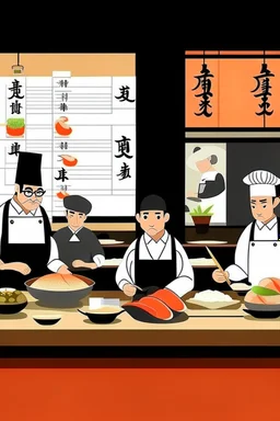 Resturant menu with Japanese chefs and sushi in the backround, different sushi menu choices