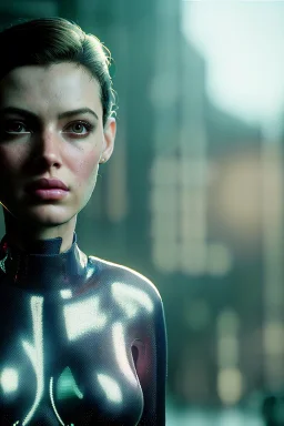 Ultra Realistic sci-fi scene, portrait, brunette woman, Ava garner face, perfect iris, glow eyes, makeup. Aliens background, Retro sci-fi style, helmet, tight latex coat, fog, rain, soft color, highly detailed, unreal engine 5, ray tracing, RTX, lumen lighting, ultra detail, volumetric lighting, 3d, finely drawn, high definition, high resolution.