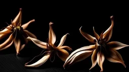 Three vanilla flowers with dried sticks in the air on a black background