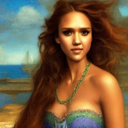A beautiful portrait of Jessica alba as a mermaid , leaning on a ships deck ,Rough sea in the background, (digitall art by Eugene de Blaas and Ross Tran, vibrant color scheme, highly detailed, in the style of romanticism, cinematic, artstation best quality, realistic lighting, masterpiece portrait, details light dusting , cowboy shot from above, simple chain hauberk Vector art digital illustration 3D shading )
