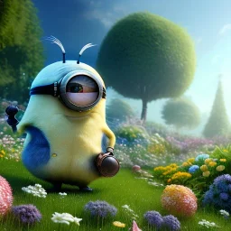 pixar style, volumetric summer garden environment and background, realistic painting of a Minion, looking excited, detailed digital painting, extreme dense and fine fur, anime, ornate, colour-washed colors, elegant, small minutiae, tiny features, particulars, centered, smooth, sharp focus, renderman gofur render, 8k, uhd, detailed eyes, realistic shaded volumetric lighting, sunlight caustics, backlight, centered camera view