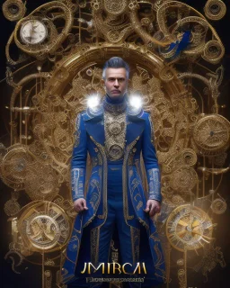 Captivating cinematic portrait of an alien man with intricate clock-like dial, adorned with gears and springs that move to create countless expressions. His metallic skin shines under the soft lighting, he wears a wig and a baroque-style frock coat, with an air of elegance. In the background, a concert hall with musicians and an audience captivated by the mechanical face of the alien, immersed in a whimsical and harmonious atmosphere