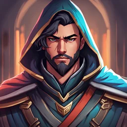 A game character in the art style of the game Valorant. He is a ranger, a skilled warrior of noble lineage wearing a cloak with the hood on. Lot's of detail. Digital brush style. Full colour portrait headshot. Closeup of face.