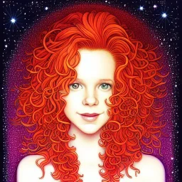 young adult Robyn Lively, her striking perfectly detailed clear eyes, her perfect, precisely detailed lightly freckled face, meticulously detailed long curly multi-hued ginger carrot cherry fire red hair, luminous colorful sparkles; by james r. eads, gawki, rajewel, tania rivilis, dan mumford, lisa frank, artgerm, greg rutkowski, alphonse mucha and william-adolphe bouguereau; glitter, airbrush, octane render, volumetric lighting, 16k, photorealistic digital painting