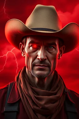 A cowboy portrait with a red light reflecting in their cybernetenhancements.red background all are red cloudy stormy with thunder in the background with be eye latched